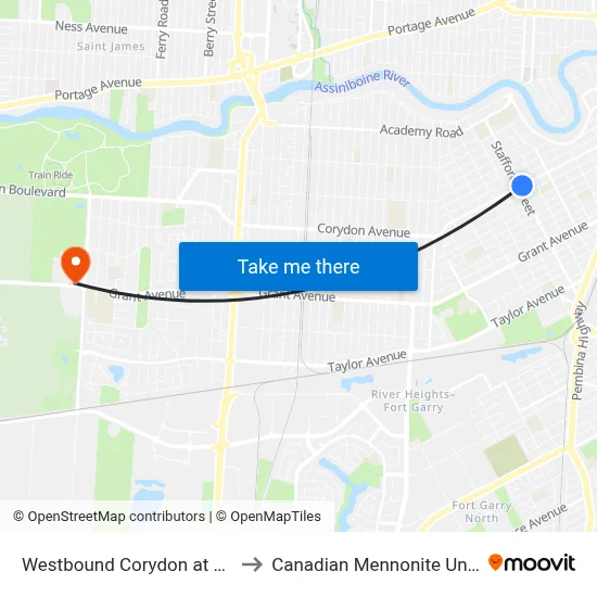 Westbound Corydon at Stafford to Canadian Mennonite University map