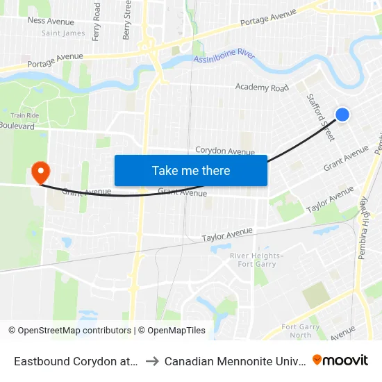 Eastbound Corydon at Lilac to Canadian Mennonite University map