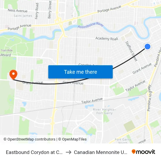 Eastbound Corydon at Cockburn to Canadian Mennonite University map