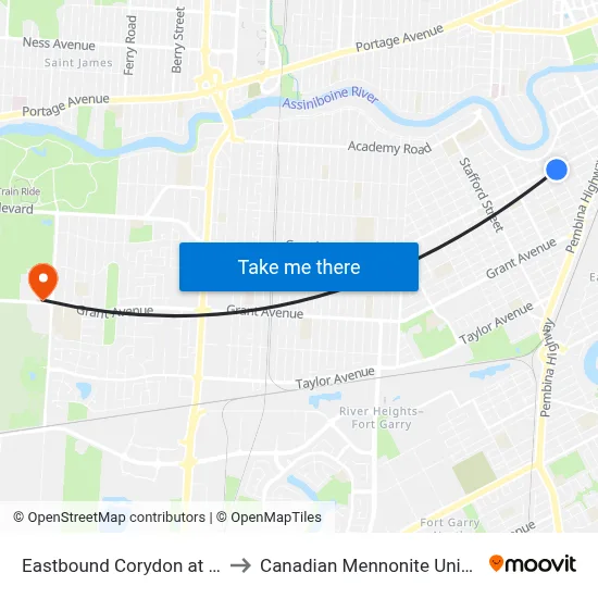 Eastbound Corydon at Hugo to Canadian Mennonite University map