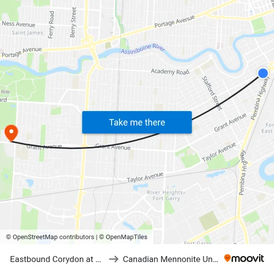 Eastbound Corydon at Nassau to Canadian Mennonite University map
