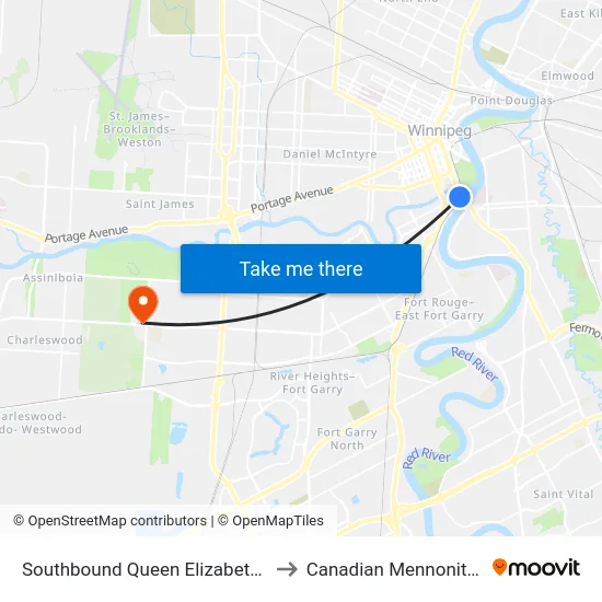 Southbound Queen Elizabeth at Stradbrook to Canadian Mennonite University map