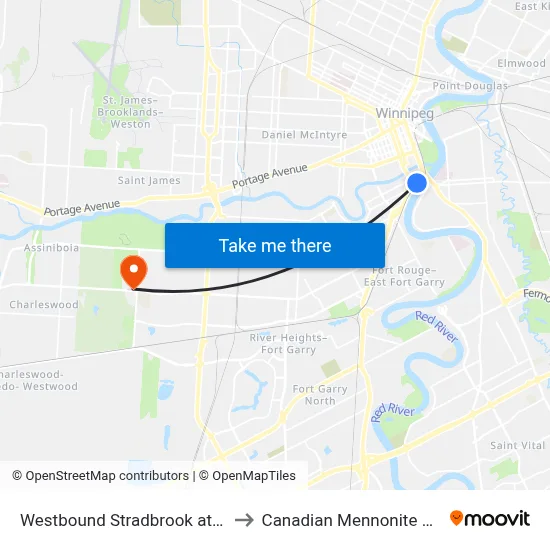 Westbound Stradbrook at Harkness to Canadian Mennonite University map