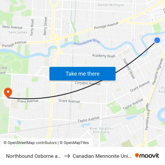 Northbound Osborne at River to Canadian Mennonite University map