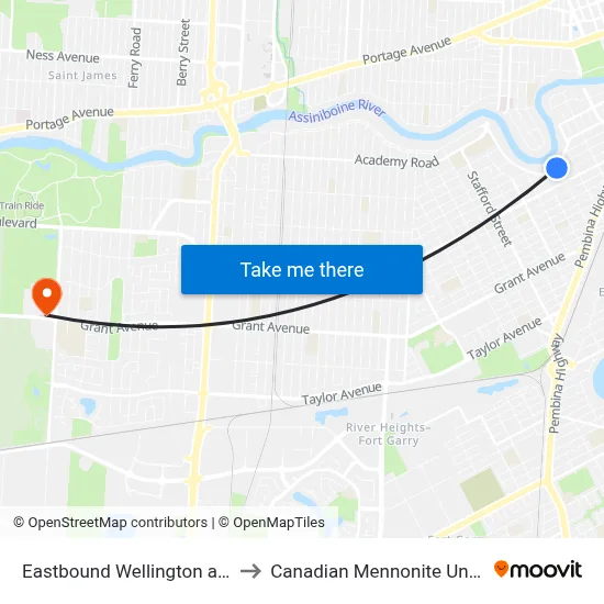 Eastbound Wellington at Hugo to Canadian Mennonite University map