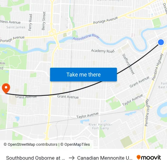 Southbound Osborne at Wardlaw to Canadian Mennonite University map