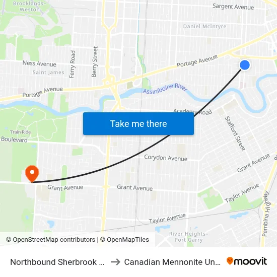 Northbound Sherbrook at Sara to Canadian Mennonite University map