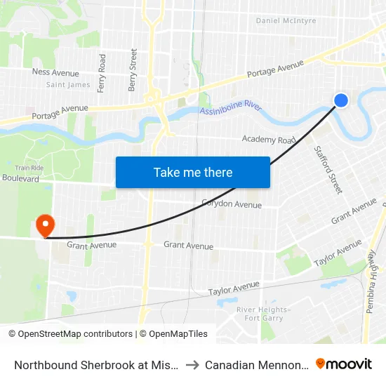 Northbound Sherbrook at Misericordia Health Ctr to Canadian Mennonite University map