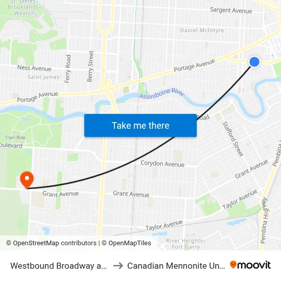 Westbound Broadway at Young to Canadian Mennonite University map