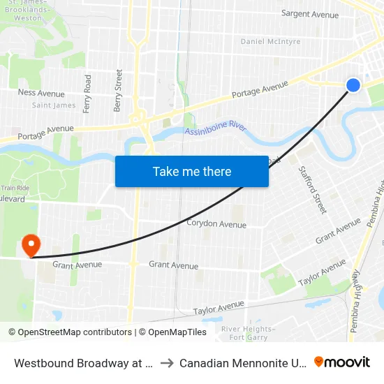Westbound Broadway at Balmoral to Canadian Mennonite University map