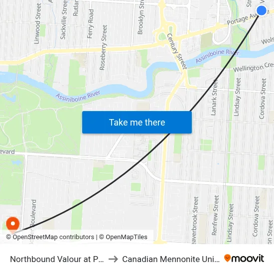Northbound Valour at Portage to Canadian Mennonite University map