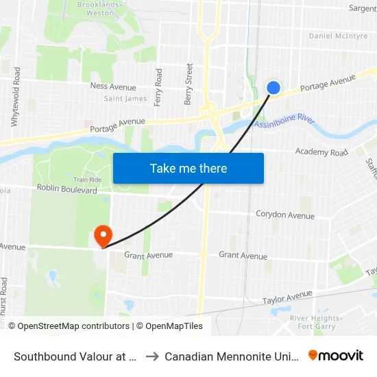 Southbound Valour at Riddle to Canadian Mennonite University map