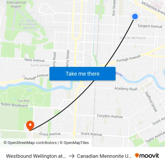 Westbound Wellington at Banning to Canadian Mennonite University map