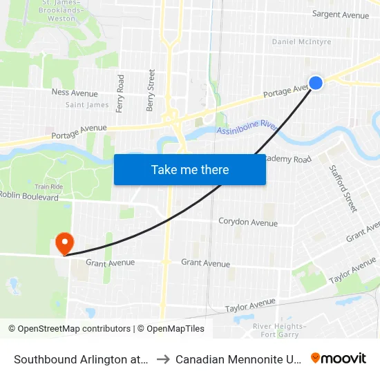 Southbound Arlington at Portage to Canadian Mennonite University map