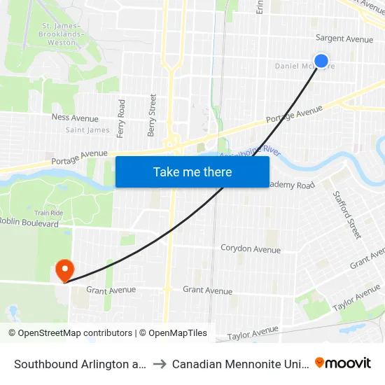 Southbound Arlington at Ellice to Canadian Mennonite University map