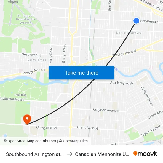 Southbound Arlington at Sargent to Canadian Mennonite University map