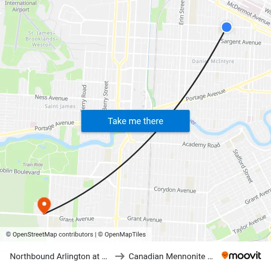 Northbound Arlington at Wellington to Canadian Mennonite University map