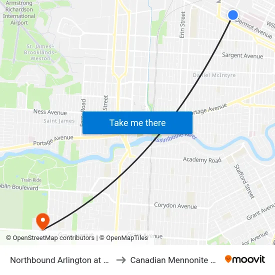 Northbound Arlington at Mcdermot to Canadian Mennonite University map