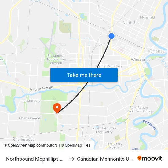 Northbound Mcphillips at Logan to Canadian Mennonite University map