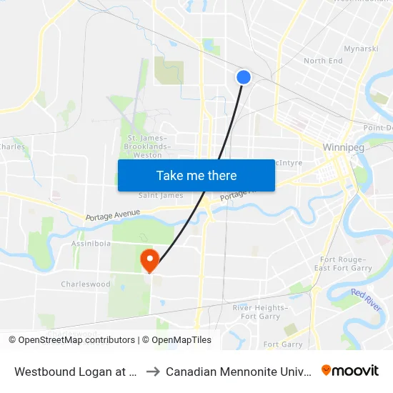Westbound Logan at Cecil to Canadian Mennonite University map