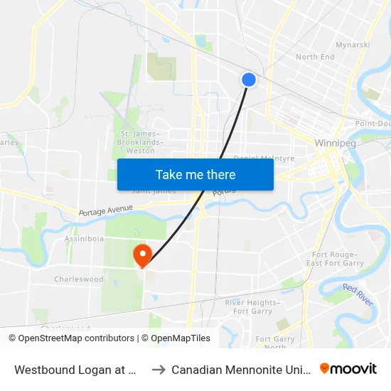 Westbound Logan at Weston to Canadian Mennonite University map