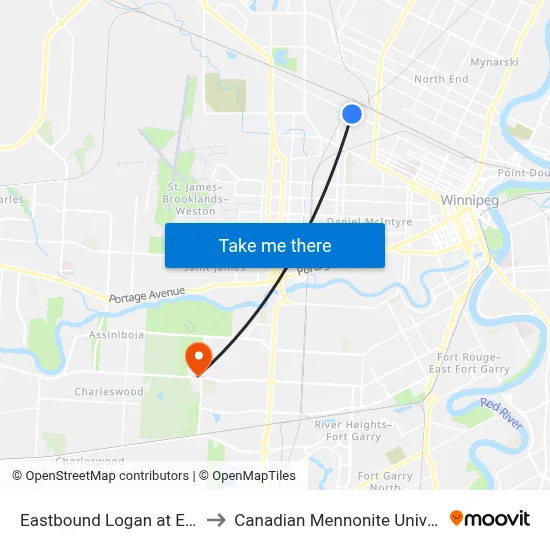 Eastbound Logan at Electa to Canadian Mennonite University map