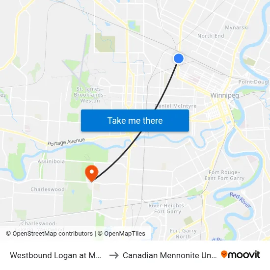 Westbound Logan at Mcphillips to Canadian Mennonite University map