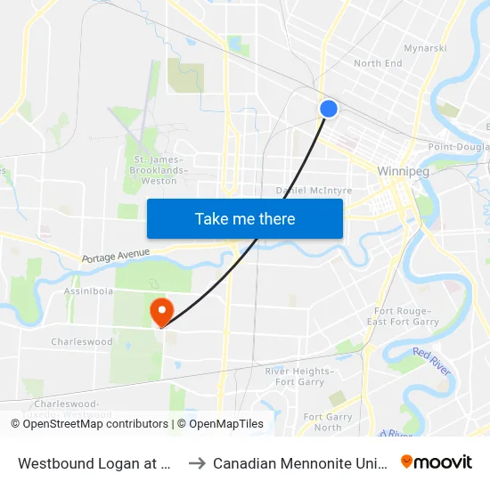 Westbound Logan at Maude to Canadian Mennonite University map