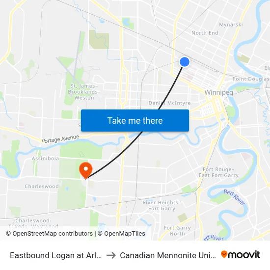 Eastbound Logan at Arlington to Canadian Mennonite University map