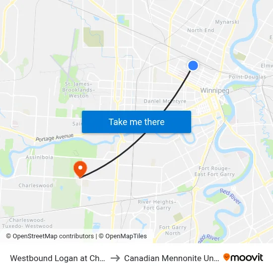 Westbound Logan at Chambers to Canadian Mennonite University map
