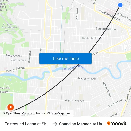 Eastbound Logan at Sherbrook to Canadian Mennonite University map