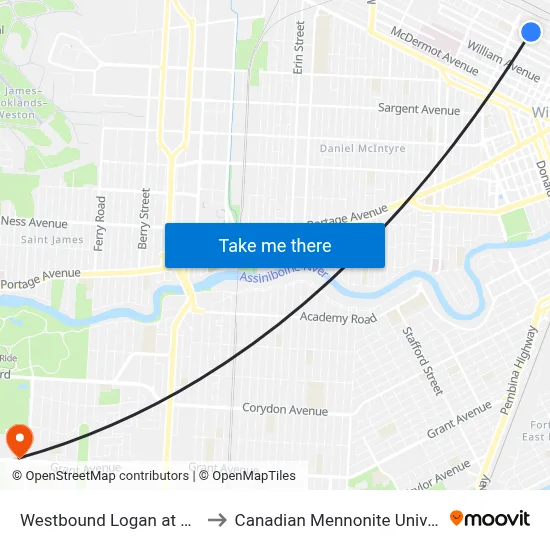 Westbound Logan at Laura to Canadian Mennonite University map