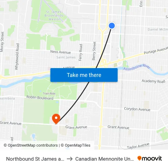 Northbound St James at Ellice to Canadian Mennonite University map