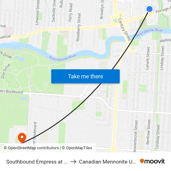 Southbound Empress at Eastway to Canadian Mennonite University map