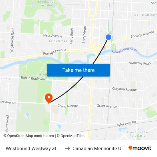 Westbound Westway at Empress to Canadian Mennonite University map
