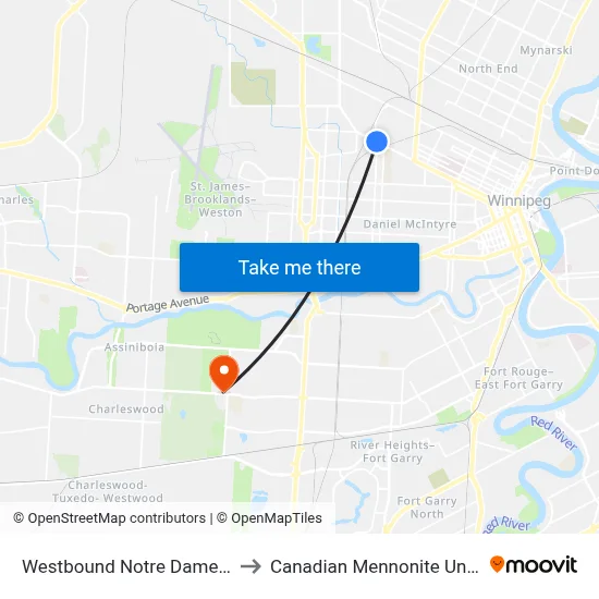 Westbound Notre Dame at Erin to Canadian Mennonite University map
