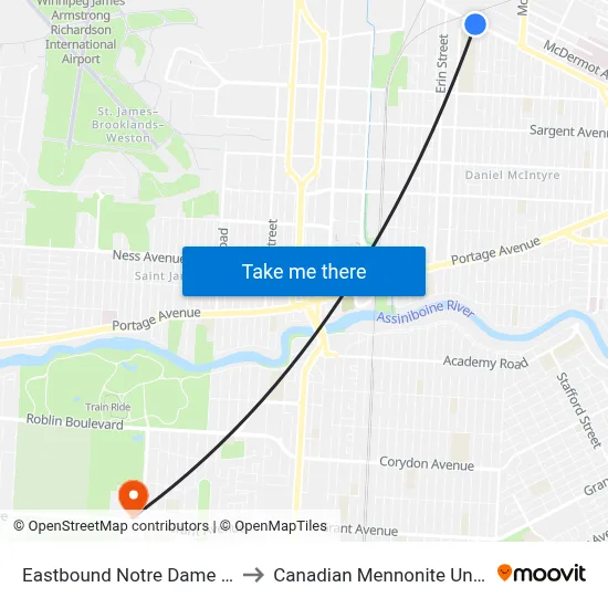 Eastbound Notre Dame at Wall to Canadian Mennonite University map