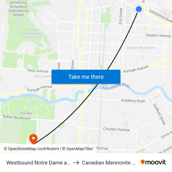 Westbound Notre Dame at Ingersoll to Canadian Mennonite University map
