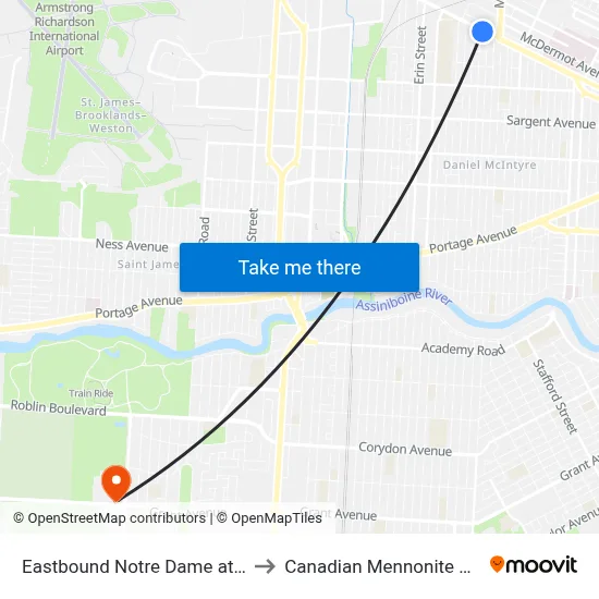 Eastbound Notre Dame at Sherburn to Canadian Mennonite University map