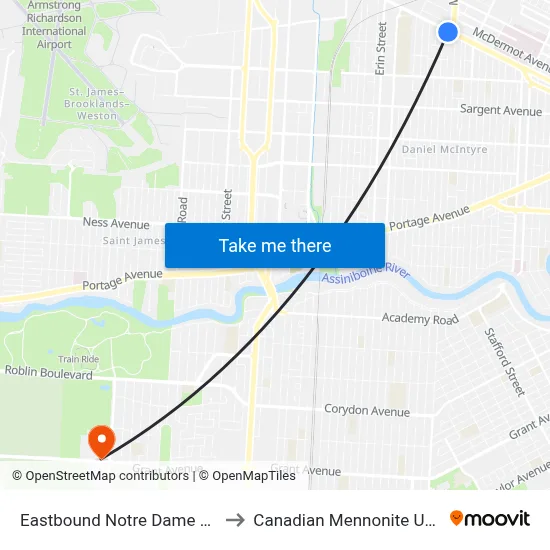 Eastbound Notre Dame at Lipton to Canadian Mennonite University map