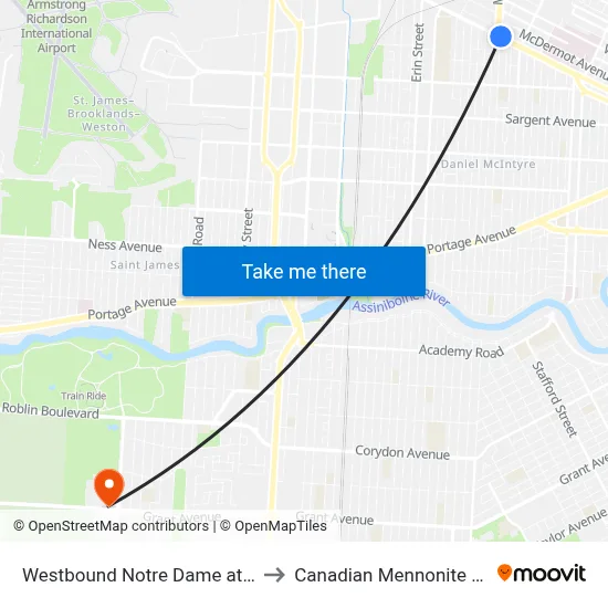 Westbound Notre Dame at Mcphillips to Canadian Mennonite University map