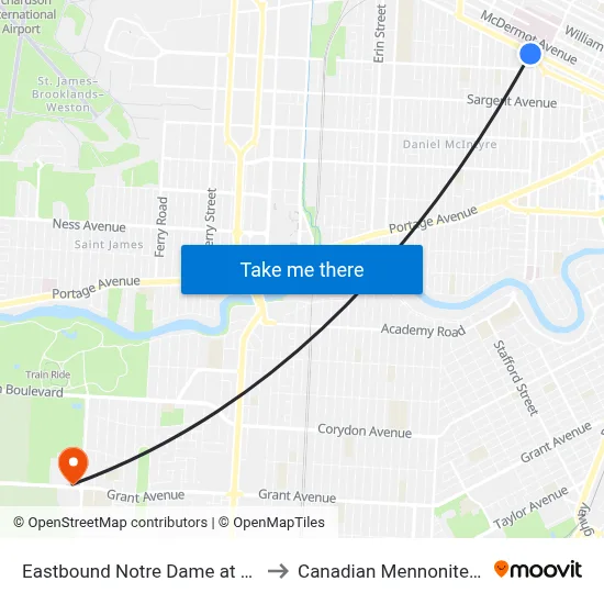Eastbound Notre Dame at Mcgee (Hsc) to Canadian Mennonite University map