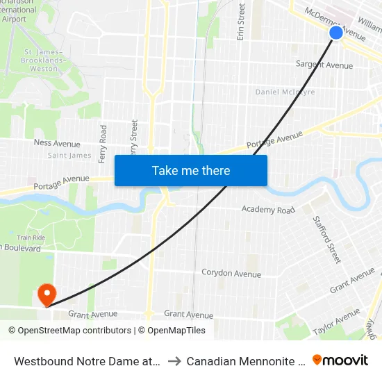 Westbound Notre Dame at Pearl (Hsc) to Canadian Mennonite University map