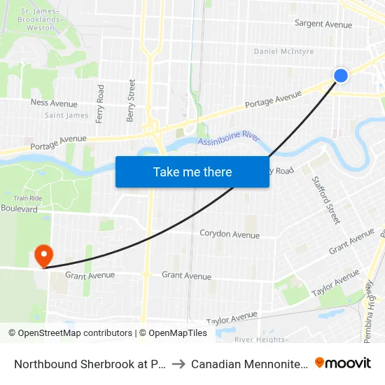 Northbound Sherbrook at Portage North to Canadian Mennonite University map