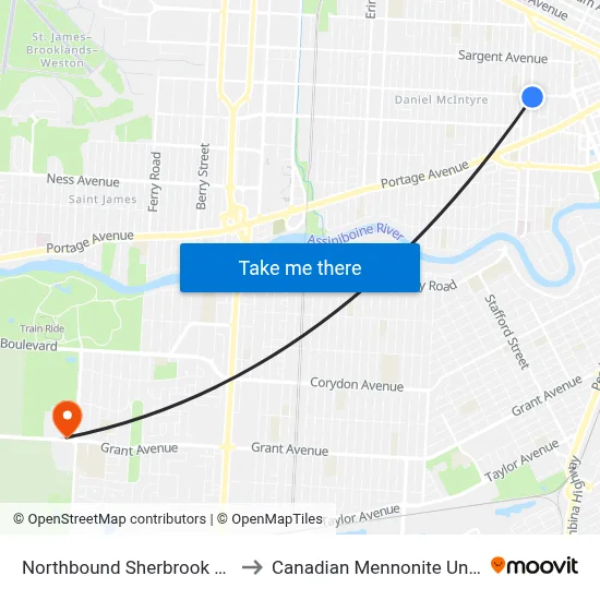 Northbound Sherbrook at Ellice to Canadian Mennonite University map