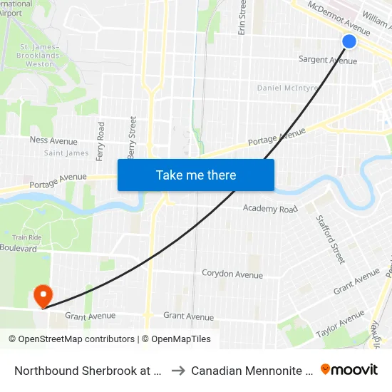 Northbound Sherbrook at Cumberland to Canadian Mennonite University map