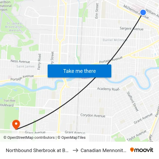 Northbound Sherbrook at Bannatyne (Hsc) to Canadian Mennonite University map