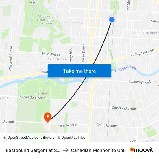 Eastbound Sargent at Sanford to Canadian Mennonite University map
