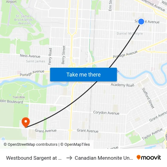 Westbound Sargent at Simcoe to Canadian Mennonite University map