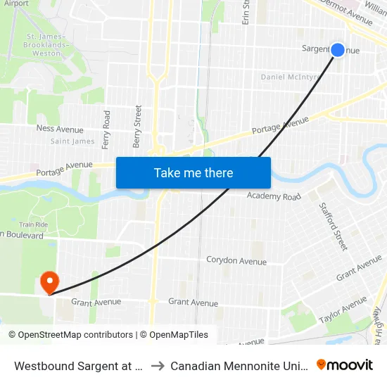 Westbound Sargent at Agnes to Canadian Mennonite University map